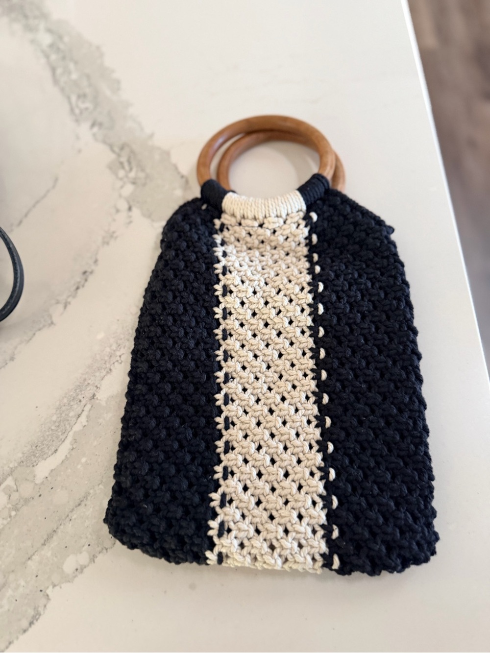 Black and Cream Crochet Wristlet Clutch with Wooden Handles